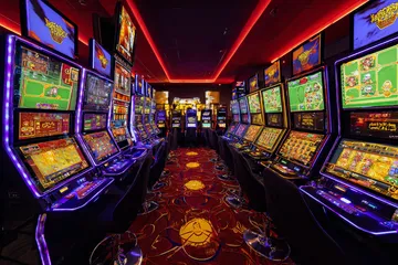A woman smiling by bright slot machines showing lucky symbols, showcasing the exciting slot offerings at ILOTBEF.